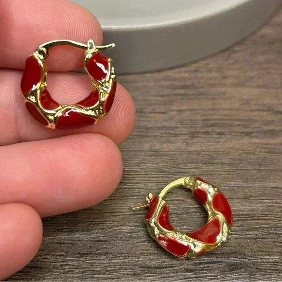 18K Gold Plated Red Enamel Hoop Earrings with Little Rhinestone Accents - Picture 1 of 4